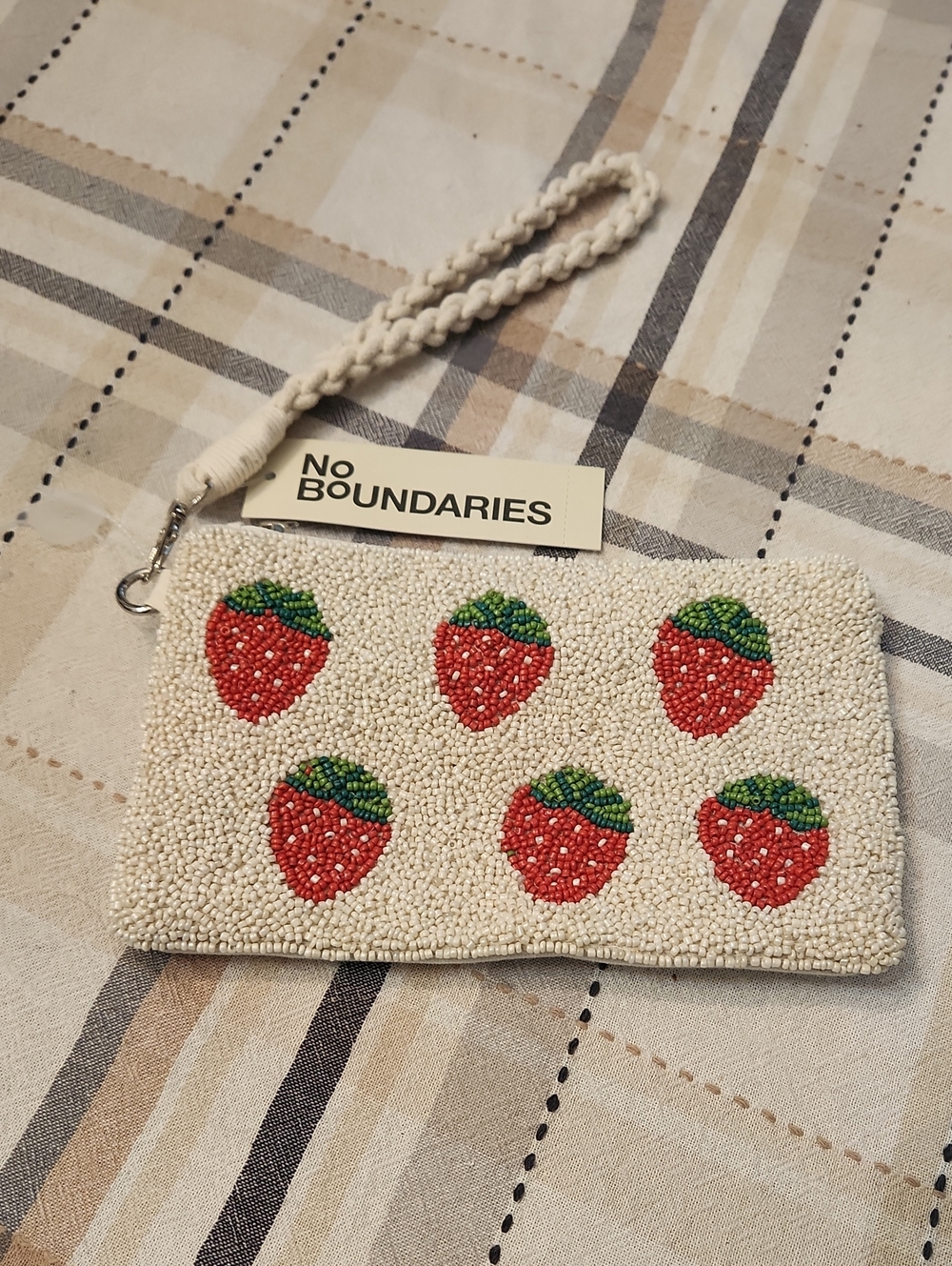 No Boundaries Cream Beaded Wristlet with Red Strawberry Pattern